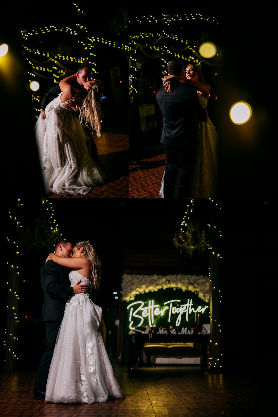 Collage of bride and groom dancing at Ever After Farms Ranch wedding reception